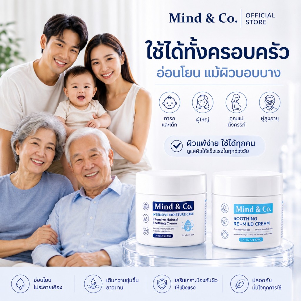 Mind and Co. ใช้ได้ทั้งครอบครัว อ่อนโยนแม้ผิวบอบบาง ทารก เด็ก ผู้ใหญ่ คุณแม่ตั้งครรภ์ และผู้สูงอายุ