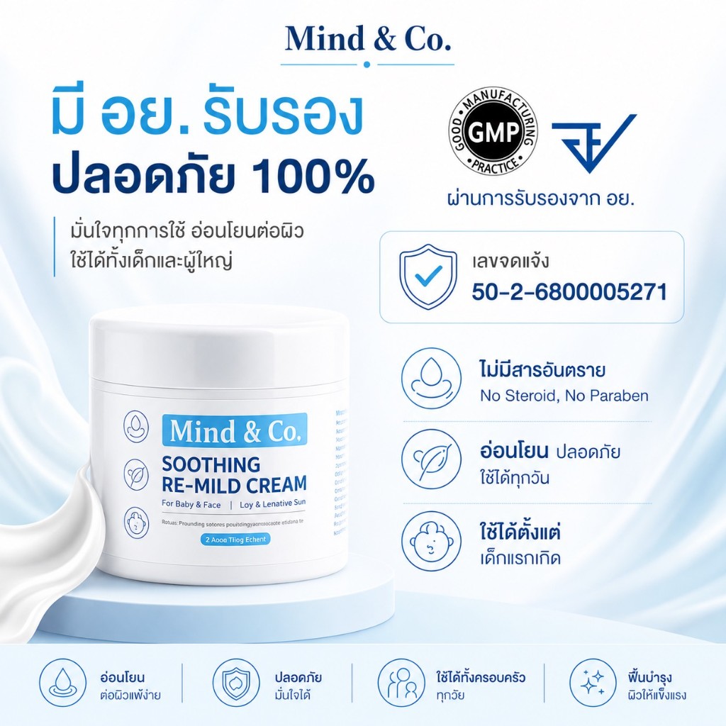 Mind and Co. Re-Mild Cream ผ่านการรับรองจาก อย. เลขจดแจ้ง 50-2-6800005271 ปลอดสเตียรอยด์ ปลอดพาราเบน GMP