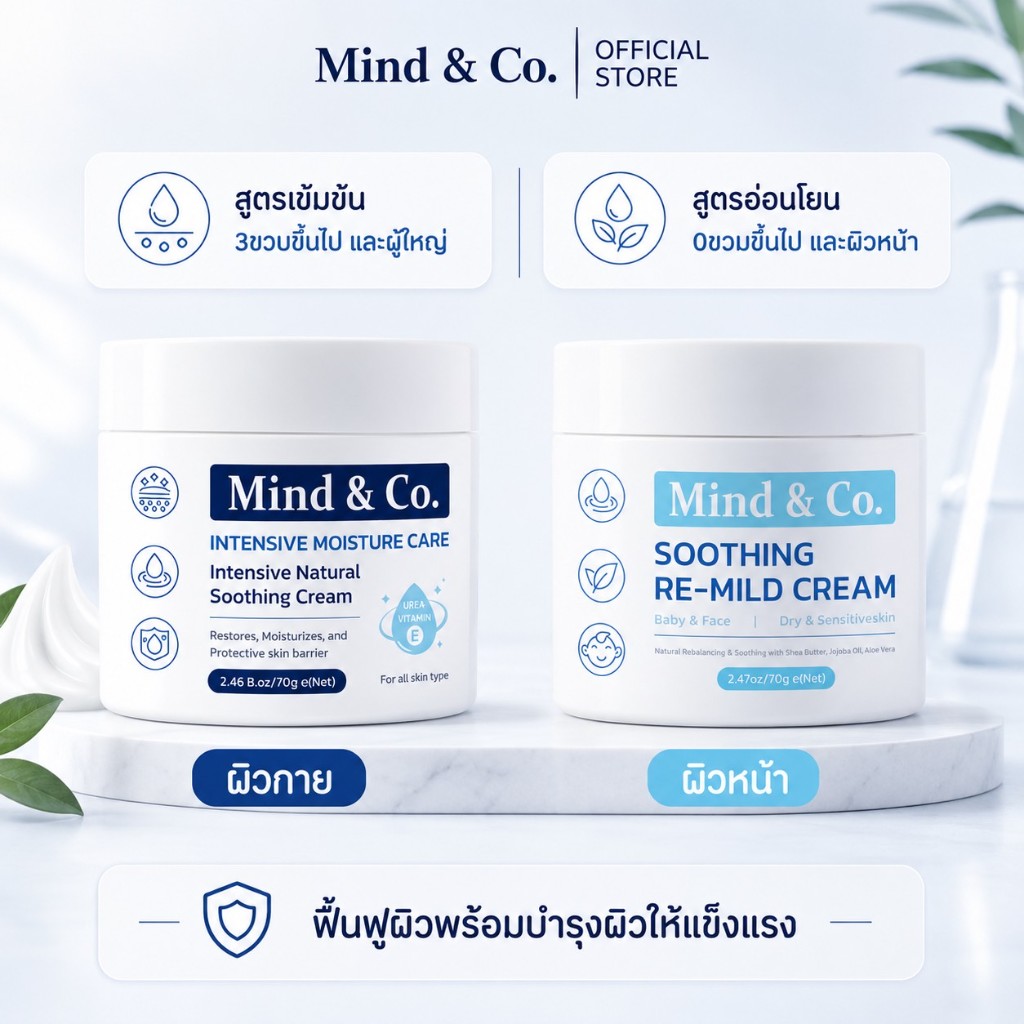 เปรียบเทียบ Mind and Co. Soothing Cream สูตรเข้มข้นสำหรับผิวกาย 3 ขวบขึ้นไป และ Re-Mild Cream สูตรอ่อนโยนสำหรับผิวหน้าและทารก 0 ขวบขึ้นไป